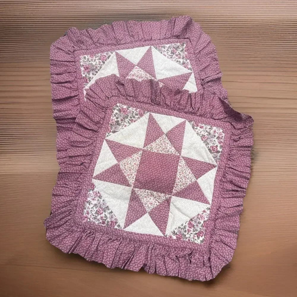 Pair 14x14” Quilt Throw Pillow Covers Shams Pink White Quilted Star Hook & Loop